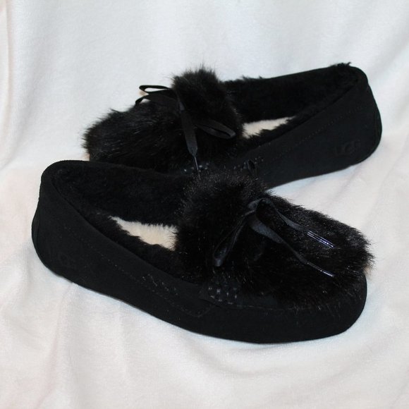 NEW UGG ANSLEY SHAINE SLIP ON FLUFF SUEDE SHEARLING LINED SLIPPERS BLACK - Picture 4 of 9
